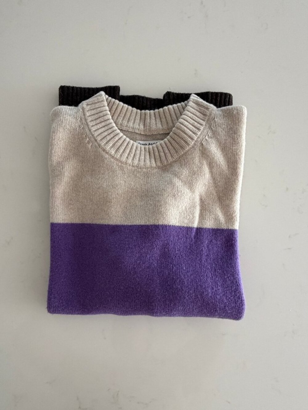 FRANK & OAK Colorblock Crewneck Sweater in Cream, Purple, Brown